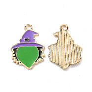 Halloween Rack Plating Alloy Enamel Pendants, Light Gold, Witch with Hat Charm, Lime Green, 24x17x2mm, Hole: 2.5mm(ENAM-P246-09KCG)