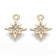 Brass Micro Pave Cubic Zirconia Charms, Nickel Free, Eight Pointed Star, Clear, Real 18K Gold Plated, 11x9x1mm, Hole: 1mm(KK-S348-498-NF)