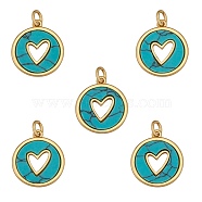 Synthetic Turquoise Pendants, with Real 18K Gold Plated Brass Findings, Long-Lasting Plated, Flat Round with Heart, 18x16x2mm, Hole: 3mm, 5pcs/box(FIND-SZ0002-54A)