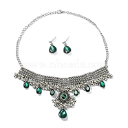 Rhinestone Teardrop Jewelry Set, Alloy Bib Necklace & Dangle Stud Earrings, Antique Silver, 405mm, 25x12mm(SJEW-D011-02AS)