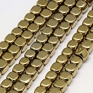 Electroplate Non-magnetic Synthetic Hematite Beads Strands, Cube, Grade A, Golden Plated, 4x4x4mm, Hole: 1mm, about 100pcs/strand, 16 inch(G-J172-4x4mm-08)
