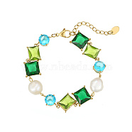 Stainless Steel Square & Imitation Pearl Beaded Link Chain Bracelets, Green, 5-7/8 inch(15cm)(WX8117-3)