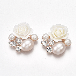 Alloy Cabochons, with ABS Plastic Imitation Pearl, Resin and Acrylic Rhinestone, Flower, Light Gold, White, 24.5~26x25x8~10mm(X-PALLOY-T066-09KC)