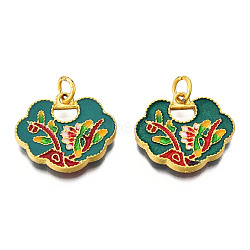 Alloy Enamel Pendants, Cadmium Free & Lead Free, with Jump Rings, Matte Gold Color, Auspicious Clouds Lock with Flower, Dark Green, 17x19.5x2.5mm, Jump Ring: 5x1mm, 3mm inner diameter(ENAM-N056-050)