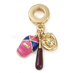 Rack Plating Brass Enamel Sports European Dangle Charms, Baseball Large Hole Pendants, Real 18K Gold Plated, Long-Lasting Plated, Cadmium Free & Lead Free, Hot Pink, 27mm, Hole: 4.5mm, Pendant: 10.5~15.5x3~7x3~4.5mm(KK-P287-35C-G)