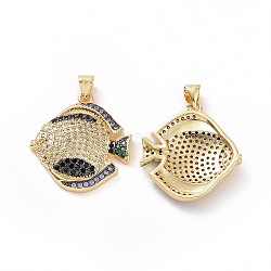 Brass Micro Pave Clear Cubic Zirconia Pendants, Fish, Clear, 25x23x4mm, Hole: 3.5x5mm(ZIRC-F135-04G-03)