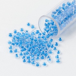 6/0 Grade A Round Glass Seed Beads, Transparent Inside Colours, Dodger Blue, 4x3mm, Hole: 1mm, about 4500pcs/pound(SEED-N003-D-216)