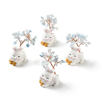 Natural Aquamarine Tree Display Decorations, Resin Rabbit Base Feng Shui Ornament for Wealth, Luck, Rose Gold, 26x42~49x62~64mm