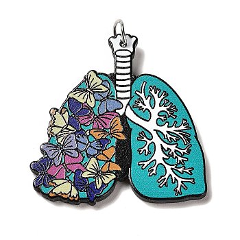Perfect Printed Acrylic Pendants, with Iron Jump Ring, Lung Charms, Butterfly, Medium Turquoise, 40x38x2.5mm, Hole: 5mm