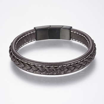Braided Leather Cord Bracelets, with 304 Stainless Steel Magnetic Clasps, Coconut Brown, 8-5/8 inch(220mm), 36x13x8mm