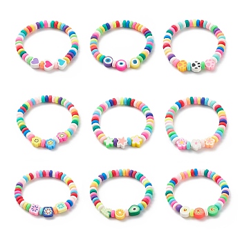 9Pcs 9 Style Handmade Polymer Clay Beaded Stretch Bracelets Set, Heart & Flower & Star & Fuit Beads Stackable Bracelets  for Kids, Mixed Color, Inner Diameter: 2 inch(5cm), 1Pc/style