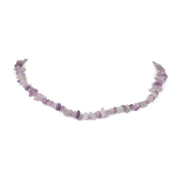 Natural Lilac Jade Chip Beaded Necklace, Stainless Steel Color, 15.94~15.98 inch(40.5~40.6cm)
