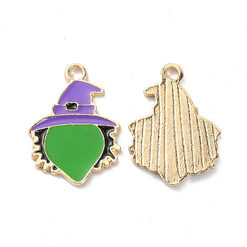 Halloween Rack Plating Alloy Enamel Pendants, Light Gold, Witch with Hat Charm, Lime Green, 24x17x2mm, Hole: 2.5mm