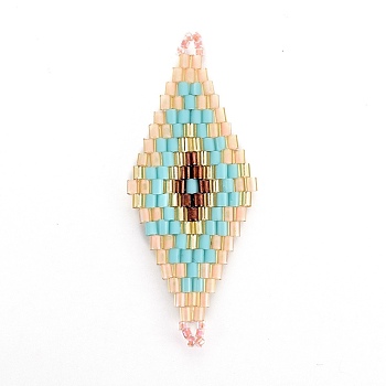 MIYUKI & TOHO Handmade Japanese Seed Beads Links, Loom Pattern, Rhombus, Aquamarine, 43.5~45x16.4~18x1.7~2mm, Hole: 1.2~1.5mm