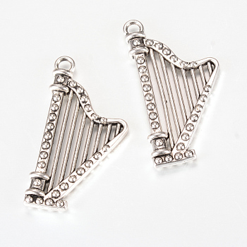 Tibetan Style Alloy Harp Pendants, Musical Instruments, Cadmium Free & Nickel Free & Lead Free, Antique Silver, 39x20x4.5mm, Hole: 2.5mm, about 210pcs/1000g