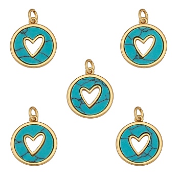 Synthetic Turquoise Pendants, with Real 18K Gold Plated Brass Findings, Long-Lasting Plated, Flat Round with Heart, 18x16x2mm, Hole: 3mm, 5pcs/box