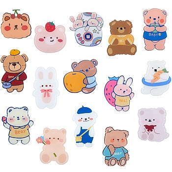 15Pcs 15 Style Bear & Rabbit Brooch Pins, Animal Acrylic Lapel Pins for Clothes DIY Craft, White, Mixed Color, 35~46x26.5~39.5x7mm, 1pc/style