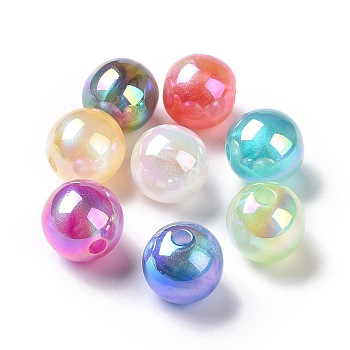 UV Plating Rainbow Iridescent Acrylic Beads, with Glitter Powder, Round, Mixed Color, 15mm, Hole: 3.2mm