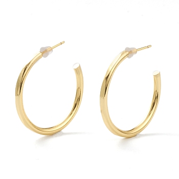 Brass Half Hoop Earrings, with Steel Pin and Plastic Ear Nuts, Long-Lasting Plated, Semicircular, Real 18K Gold Plated, 29x29x2.5mm, Pin: 0.8mm