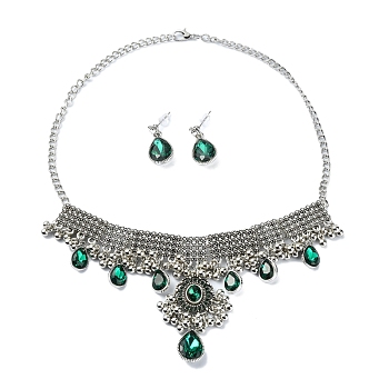Rhinestone Teardrop Jewelry Set, Alloy Bib Necklace & Dangle Stud Earrings, Antique Silver, 405mm, 25x12mm
