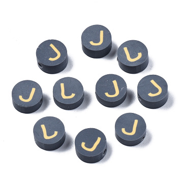 Handmade Polymer Clay Beads, Flat Round with Alphabet, Gray, Letter.J, 9x3.5~5mm, Hole: 1.6mm