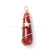 Dyed Natural Carnelian Pendants, with Golden Tone Brass Findings, Teardrop Charm with Star, 39x12mm, Hole: 3mm(PALLOY-JF01866-01)