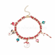 Christmas Candy Cane & Reindeer & Moon Alloy Charm Bracelet with Glass Beads, Bracelet with Aluminium Curb Chains for Women, Golden, Red, 7-1/2 inch(19cm)(BJEW-TA00090-02)