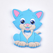 Food Grade Eco-Friendly Silicone Kitten Cabochons, Chewing Beads For Teethers, DIY Nursing Necklaces Making, Cartoon Cat, Deep Sky Blue, 90~91x64x9.5mm(SIL-T052-08E)