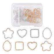 32Pcs 8 Styles Iron Linking Rings, Textured Open Rings, Mixed Shapes, Platinum & Light Gold, 12~18x12~16.5x1.5~2mm, Inner Diameter: 9~12x10~15mm, 4pcs/style(IFIN-FS0001-27)