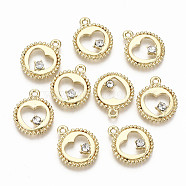 Alloy Pendants, with Rhinestone, Cadmium Free & Nickel Free & Lead Free, Flat Round with Hollow Heart, Crystal, Light Gold, 16x13x2.5mm, Hole: 1.4mm(PALLOY-T075-25LG-NR)