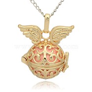 Golden Tone Brass Hollow Round Cage Pendants, with No Hole Spray Painted Brass Round Ball Beads, Round with Wing, Pink, 31x30x21mm, Hole: 3x8mm(KK-J233-07G)