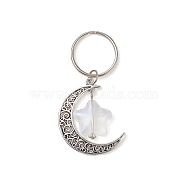 Moon and Star Tibetan Style Alloy & Acrylic Pendant Keychain, with Iron Split Key Rings, Antique Silver, 6.75cm(KEYC-JKC00487)