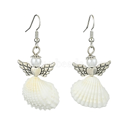 Alloy Fairy Wings Dangle Earrrings, Natural Shell Drop Earrings, Antique Silver, 53x22~25mm(EJEW-JE05651-01)