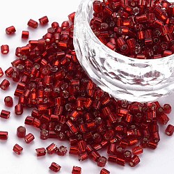 8/0 Glass Bugle Beads, Silver Lined, Dark Red, 2.5~3x2.5mm, Hole: 1mm, about 15000pcs/pound(SEED-S032-07A-25B)