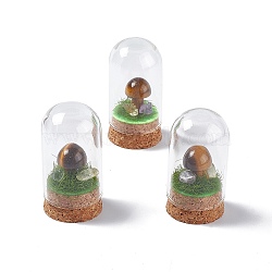 Natural Tiger Eye Mushroom Display Decoration with Glass Dome Cloche Cover, Cork Base Bell Jar Ornaments for Home Decoration, 30x57.5mm(G-E588-03F)