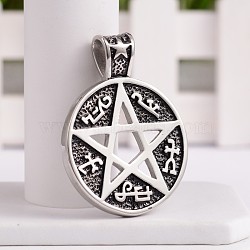 304 Stainless Steel Pentacle Pendants, Flat Round with Star, Antique Silver, 50.5x38x4mm, Hole: 5.5x8mm(STAS-H061-07AS)