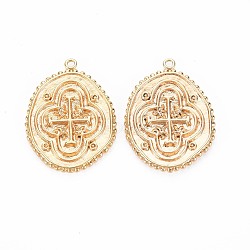 Brass Pendants, Nickel Free, Oval with Cross, Real 18K Gold Plated, 26x19x1.5mm, Hole: 1.4mm(KK-S356-713)