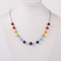 Seven Chakra Natural Gemstone Beaded Necklaces, with Brass Cable Chain, Brass Lobster Claw Clasps and Brass End Chains, Platinum, Colorful, 17.7 inch(NJEW-JN00937)