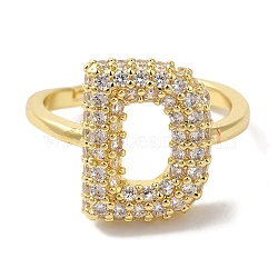 Rack Plating Letter Brass Micro Pave Clear Cubic Zirconia Adjustable Rings for Women, Real 18K Gold Plated, Letter D, 14.5x11.5mm, Inner Diameter: 17mm(KK-S391-03G-D)