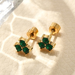 Ion Plating(IP) 304 Stainless Steel Stud Earrings, with Rhinestone, Real 14K Gold Plated, Clover, Fern Green, 6x6.5mm(EJEW-A118-12G-01)