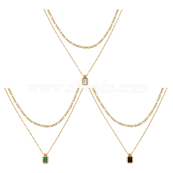 3Pcs 3 Colors Golden Titanium Steel Cable & Figaro Chains Double Layer Necklace, Natural Shell Rectangle Charms Necklace for Women, Mixed Color, 15.94 inch(40.5cm), 1pc/color(NJEW-AN0001-72)