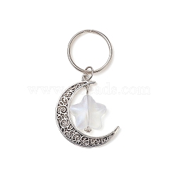 Moon and Star Tibetan Style Alloy & Acrylic Pendant Keychain, with Iron Split Key Rings, Antique Silver, 6.75cm(KEYC-JKC00487)