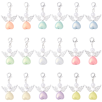 50Pcs Alloy & Acrylic Pendant Decorations, with Alloy Lobster Claw Clasps, Angel, Silver, Mixed Color, 35mm, 50pcs/set