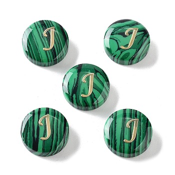 Synthetic Malachite Beads, with Golden Tone Brass Slices, Flat Round with Letter, Letter J, 15x5mm, Hole: 1.4mm