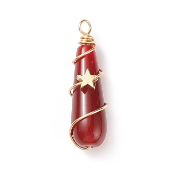 Dyed Natural Carnelian Pendants, with Golden Tone Brass Findings, Teardrop Charm with Star, 39x12mm, Hole: 3mm
