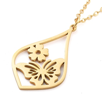 304 Stainless Steel Pendant Necklaces, Cable Chains, Teardrop with Flower & Butterfly, Real 18K Gold Plated, 17.64 inch(44.8cm)