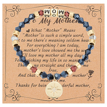 Word MOM Acrylic & Glass Beaded Stretch Bracelet, Clear Cubic Zirconia Star Charms Bracelet for Mother's Day, Golden, Inner Diameter: 2-1/8 inch(5.4cm), 1pc/set