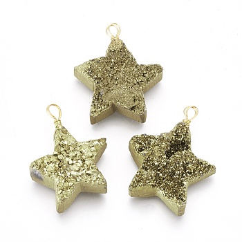 Electroplate Natural Druzy Quartz Pendants, with Brass Findings, Star, Golden, Antique Bronze Plated, 35~38x27~32x9~13mm, Hole: 3x3mm