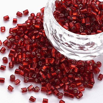 8/0 Glass Bugle Beads, Silver Lined, Dark Red, 2.5~3x2.5mm, Hole: 1mm, about 15000pcs/pound