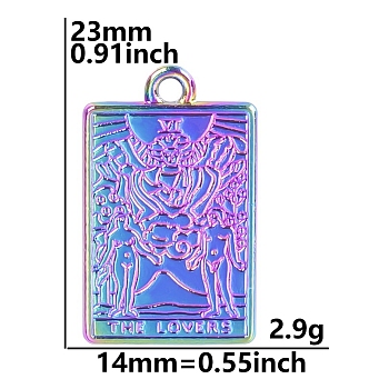 Rainbow Color Alloy Pendants, Rectangle with Tarot Pattern, The Lovers VI, 23x14mm